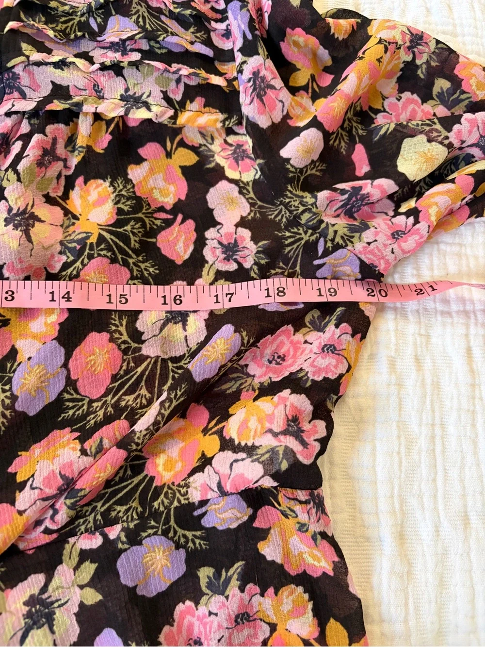 Free People Black Blouse with Pink, Purple & Yellow Floral Print Tie Front